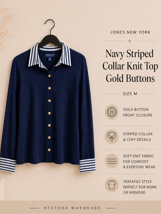 Jones New York Tops - Jones New York Navy Striped Collar Knit Top Gold Buttons M